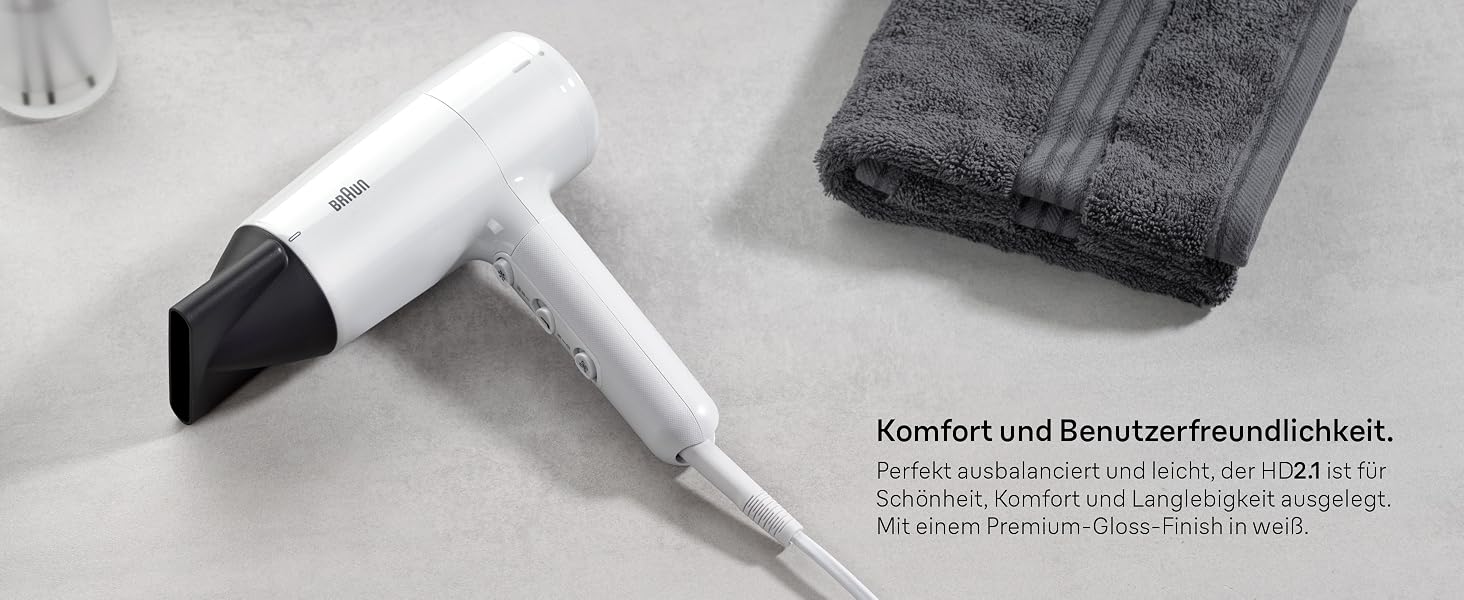 Фен для волосся Braun HD4.2 з дифузором та вузьким соплом, технологія Super IONTEC, 2100 Вт, 3 режими температури та швидкості, чорно-сірий (BRHD210E)