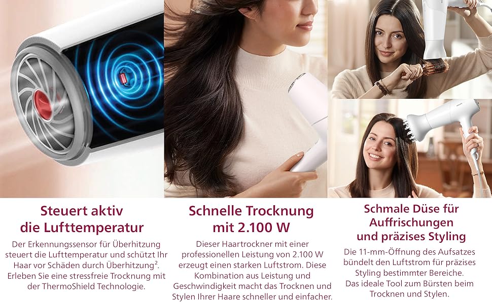 Фен для волосся Philips 5000 Series BHD500/20 з технологією ThermoShield, іонізацією, 2100 Вт, білий, з диффузором та стилізуючою насадкою