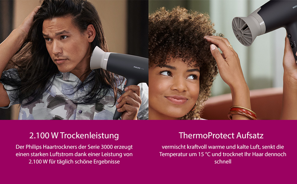 Фен для волосся Philips Series 3000 BHD351/10 з функцією іонізації та ThermoProtect, 2100 Вт, 6 рівнів температури та швидкості, білий/чорний