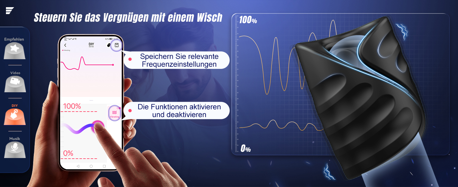 Інтимний масажер для пар з 9 вібраціями та функцією постукування, керування через додаток, подвійні кільця, презервативна накладка, чорний