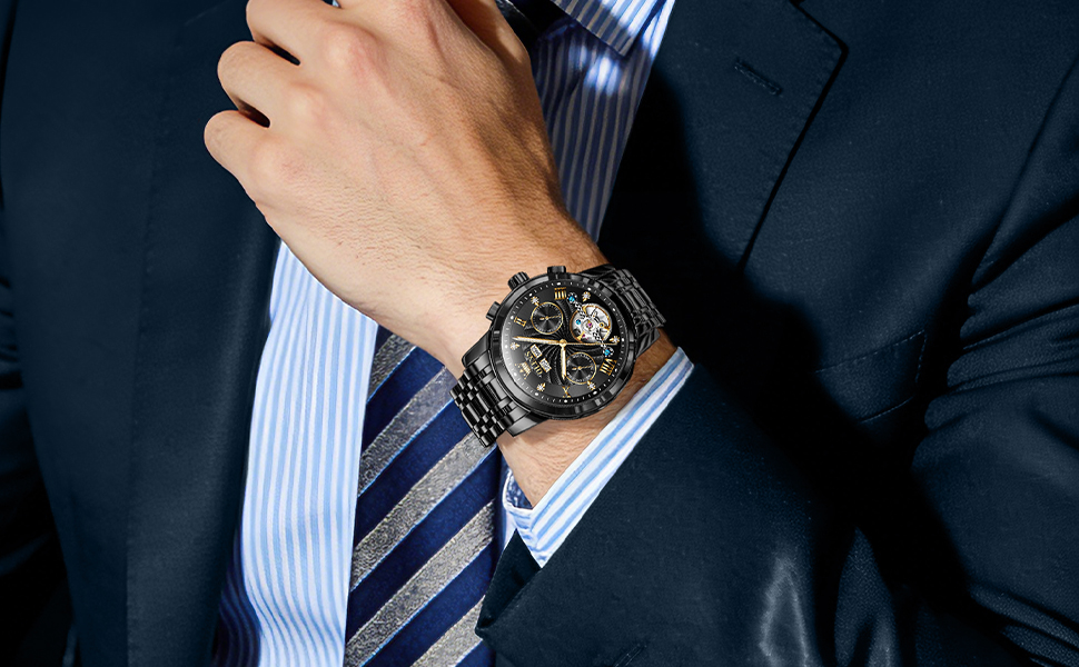 Чоловічий наручний годинник OLEVS Chronograph зі шкіряним ремінцем, японський кварцовий механізм, водонепроникний, класичний елегантний дизайн з датою (7088 Срібло/Синій)