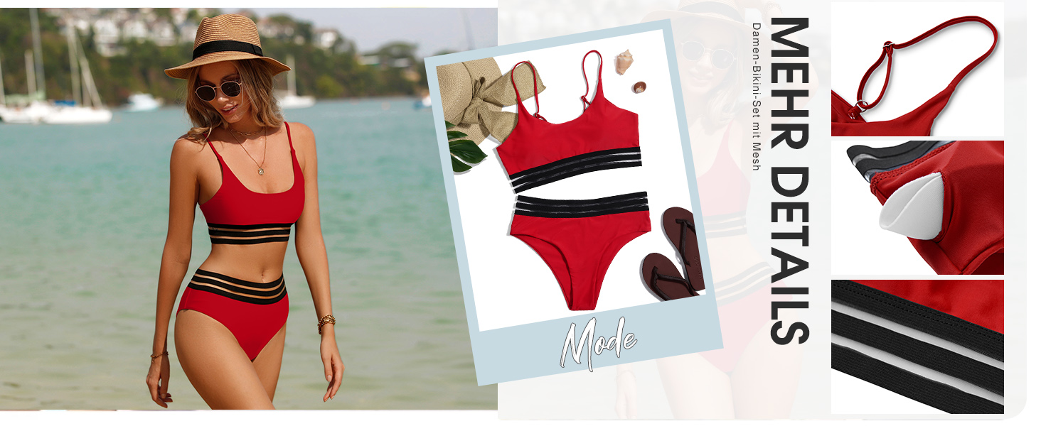 Спортивний двочастинний купальник-бікіні з сіткою для жінок. Push-up, висока талія, чорний.