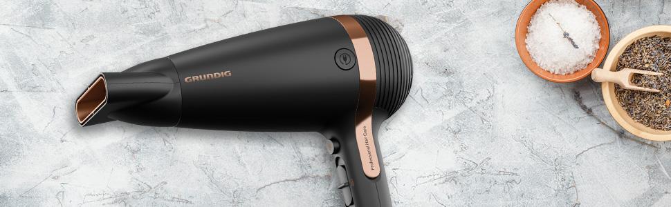 Фен для волосся Grundig Naturashine HD 7081, 2100 Вт, з іонізацією, керамічним покриттям з олією макадамії та кокоса, автоматичним змотуванням кабелю, чорний/рожеве золото