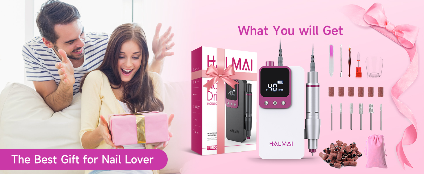 Професійний електричний нігтевий фрезер HALMAI HMC320, портативна бездротова машина для манікюру та педикюру, 40000 об/хв, для акригелевих нігтів (Білий)