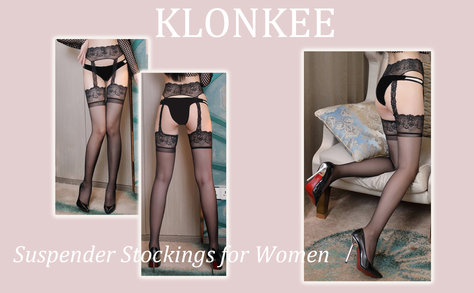 Чорні мереживні панчохи з ремінцями Klönkee для жінок, 12 Den, універсальний розмір