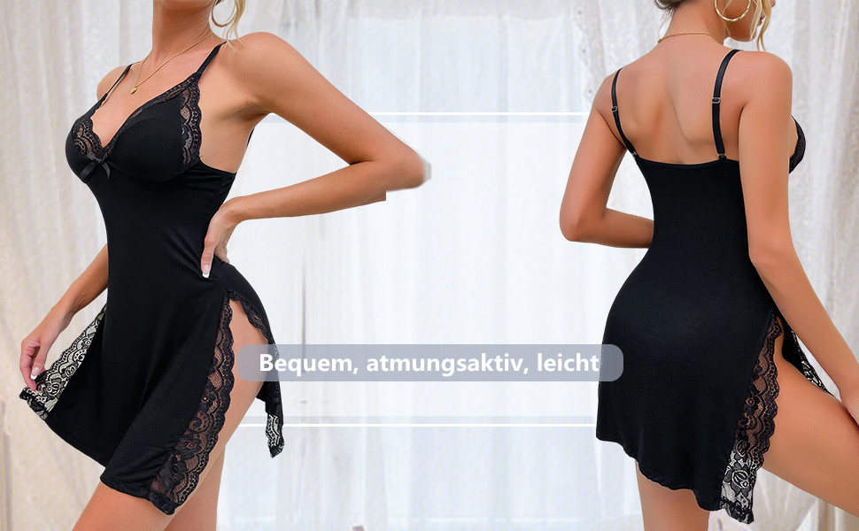 Babydoll для жінок: сексуальна нічна сорочка з вирізами та розрізом, мереживна піжама, чорний колір, розмір S