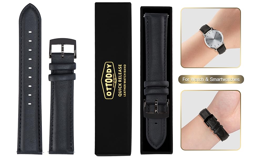 Шкіряний ремінець для годинника та смарт-годинника OTTOODY 20мм, чорний — замінний елегантний ремінець зі швидким випуском для чоловіків та жінок