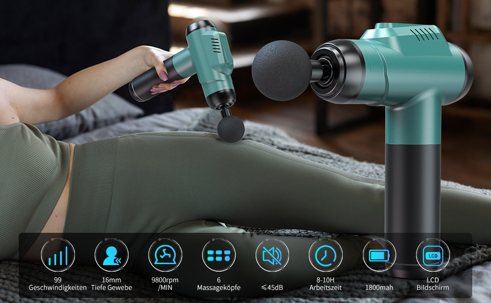 Перкусійний масажер Timiyou Massage Gun: 99 рівнів інтенсивності, до 9800 об/хв, 6 насадок, безшумний масажний пістолет для спини та шиї, Peacock Blue