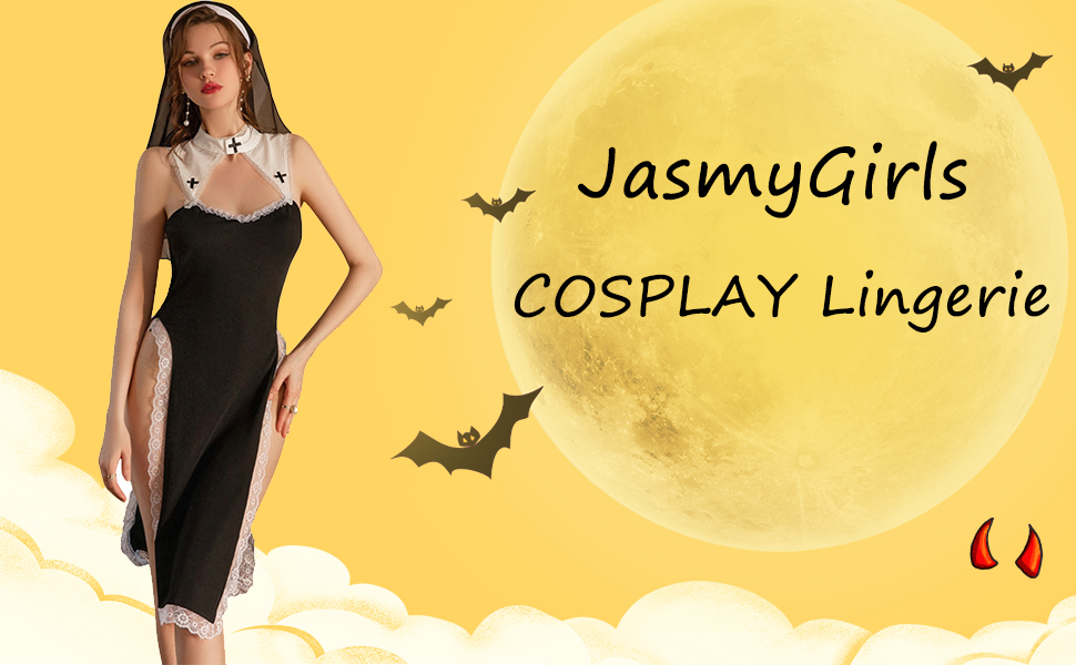 Костюм для косплею JasmyGirls: Костюм черниці, дівочий набір, чорне довге плаття з розрізом, для Хелловіну, ролеві ігри, розмір XS-M