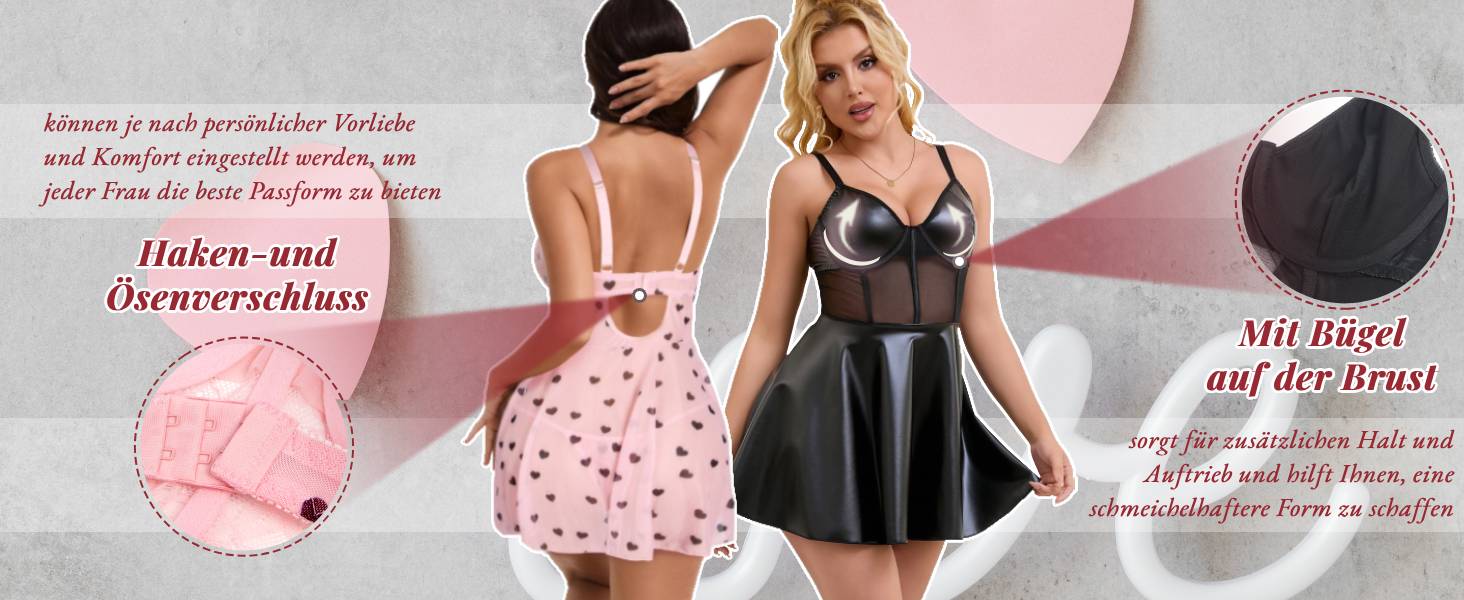 Комплект нічної сорочки та трусиків Babydoll з мереживом і екошкірою, червоний, великі розміри
