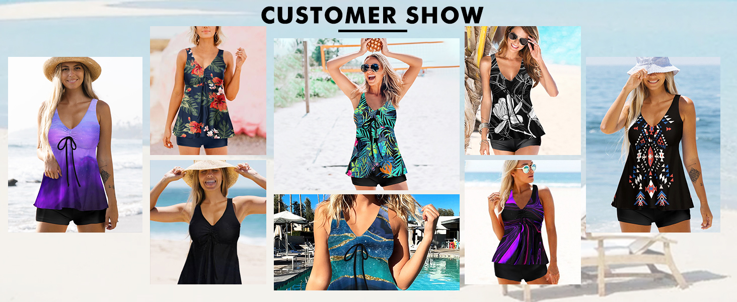 Tankini жіночий купальник з високою талією, push-up топ з шортами, двочастинний, квітковий принт, блакитний, розмір L