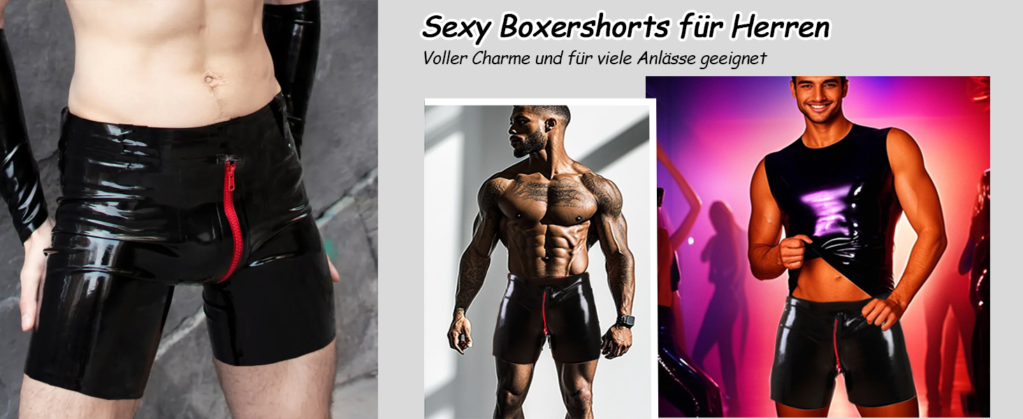 Чоловіча спідня білизна MFMYEE: чорні шорти-сліпи з латексу, ручної роботи, з блискавкою. Екзотичний фетиш-стиль.