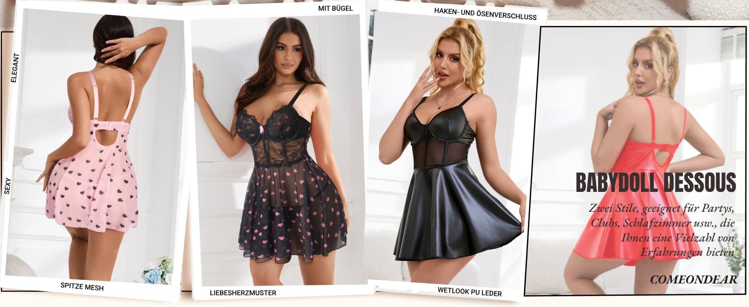 Комплект нічної сорочки та трусиків Babydoll з мереживом і екошкірою, червоний, великі розміри
