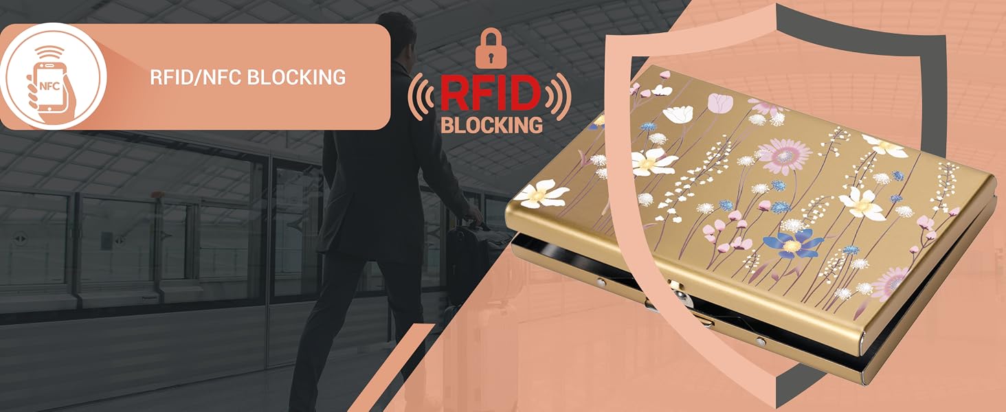 Металевий картхолдер з RFID-захистом від скіммінгу, ультратонкий гаманець для банківських карток (6 слотів, золото, з квітковим принтом) для жінок та чоловіків