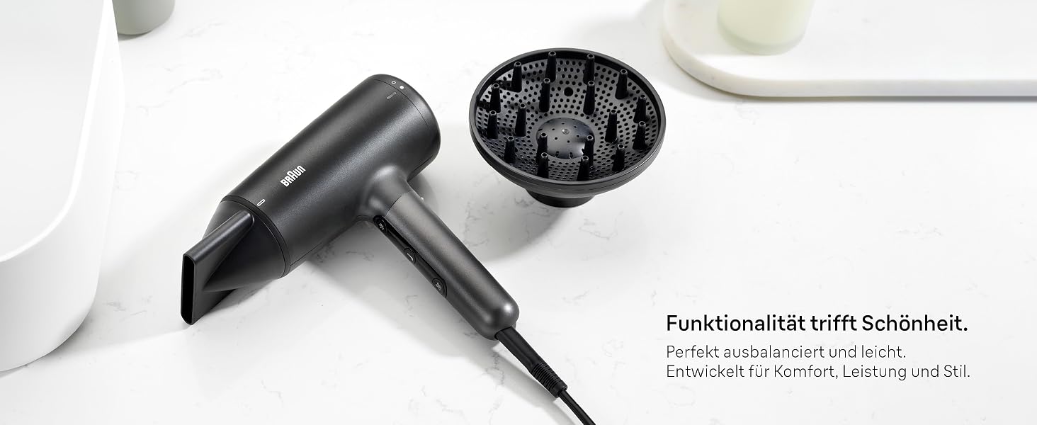 Фен для волосся Braun Haartrockner HD4.2 з дифузором та насадкою для стайлінгу, технологія Super IONTEC, 2100 Вт, 3 температури та 3 швидкості, чорно-сірий, BRHD425E