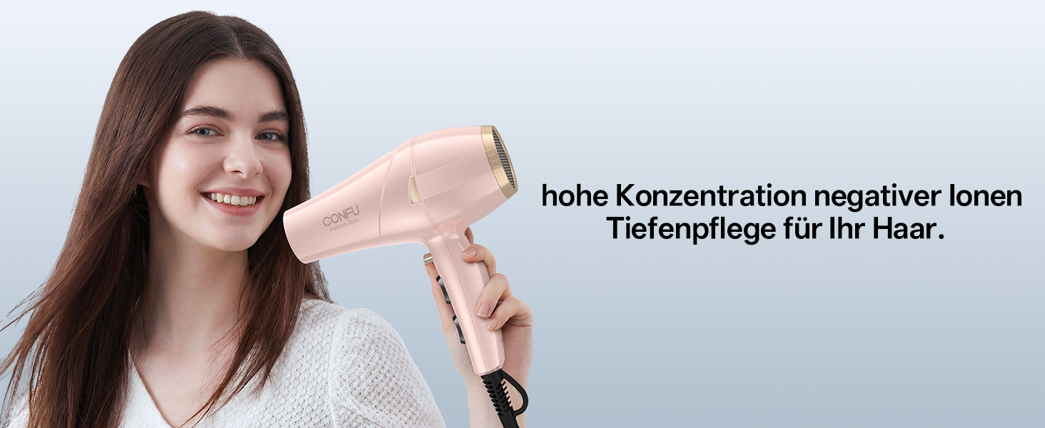 Професійний фен для волосся CONFU 2300W з іонною технологією, дифузором та вузьким соплом, AC-мотор, 3 температурних режими, рожевий