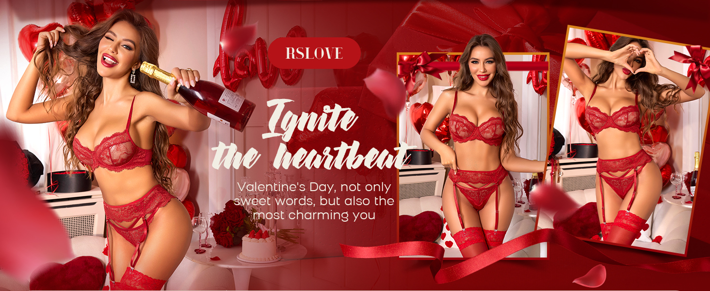 Комплекти спідньої білизни RSLOVE для жінок - сексуальна білизна, комплект бюстгальтера та трусиків, 3 штуки, червоний