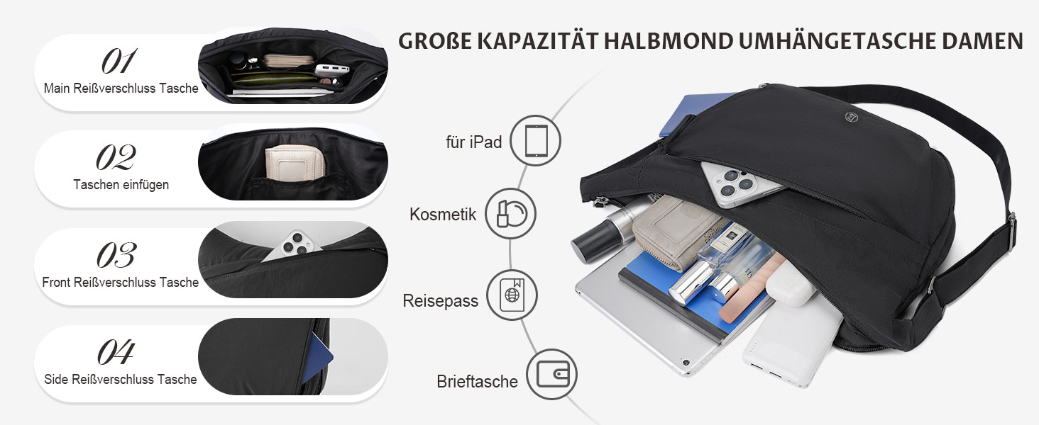 Жіноча сумка-кросбоді Halbmond (півмісяць) з водовідштовхуючого нейлону, чорна сумка через плече з регульованим ременем для роботи, подорожей та повсякденного використання