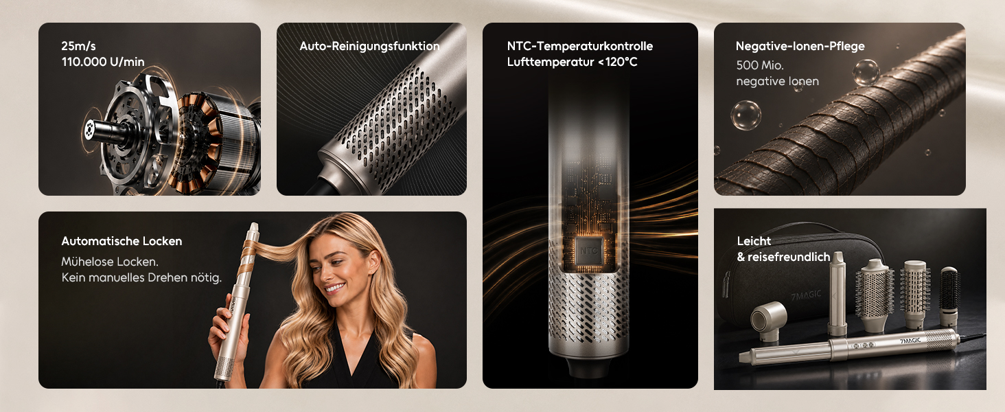 Мультистайлер 6 в 1 7MAGIC Airstyler: іонний фен, автоматичний стайлер для локонів та щітка для вирівнювання волосся, ефект Коанда, колір Champagne Gold