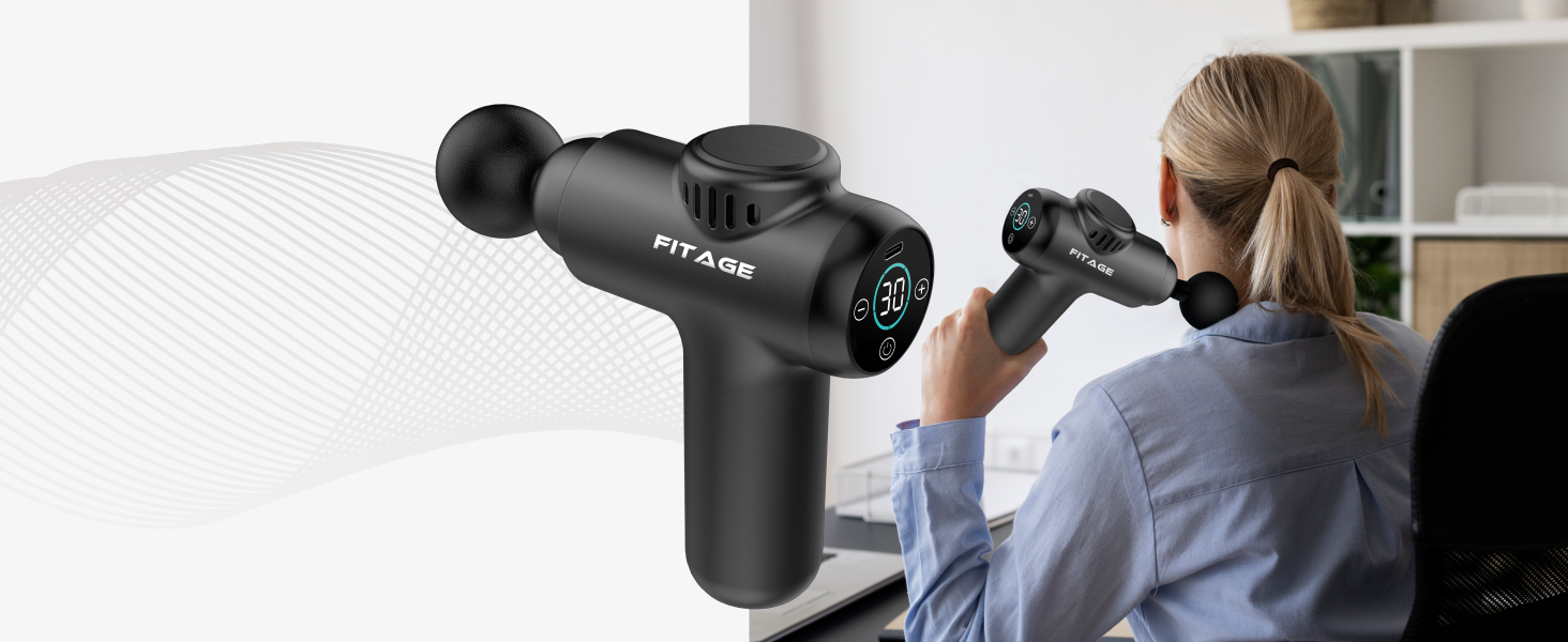 Перкусійний масажер FITAGE Massage Gun — Міні-масажна пістолет з 30 рівнями швидкості, 8 насадками для глибокого масажу м'язів спини, плечей та всього тіла, чорний