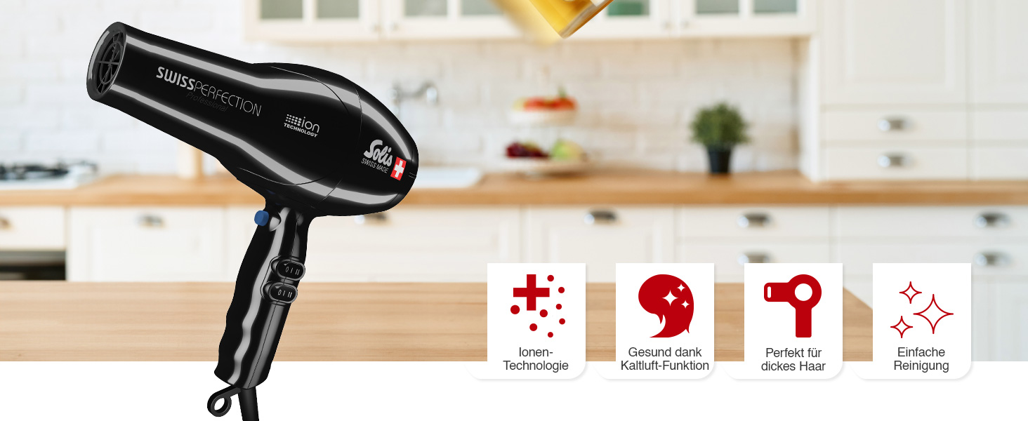 Фен для волосся Solis Swiss Perfection 440 з іонізацією, 2300 Вт, AC-мотор, 3 температурні та 2 швидкісні режими, чорний