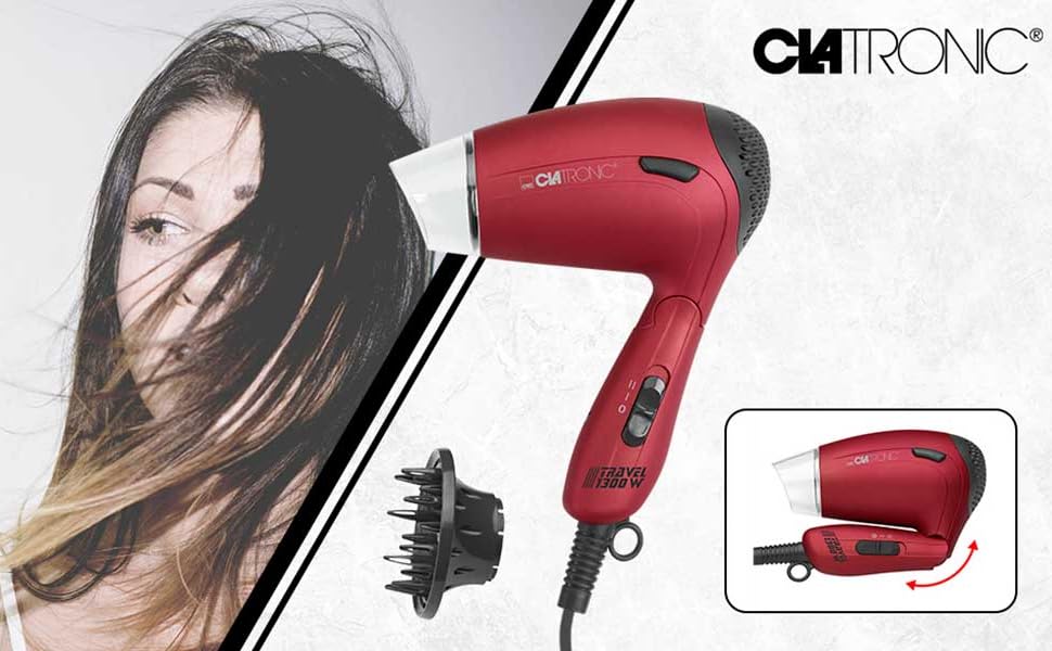 Складаний дорожній фен Clatronic HTD 3429, 1200 Вт, 2 режими температури, з дифузором та сумкою, перемикач напруги 110/230В, червоний