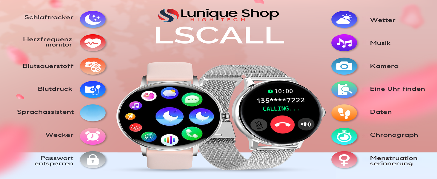 Смарт-годинник LSCALL для жінок з функцією дзвінків, голосовим помічником, вимірюванням SpO2 та тиском, 1.7'' дисплей, 2 ремінці, сріблясто-рожевий (iOS, Android)