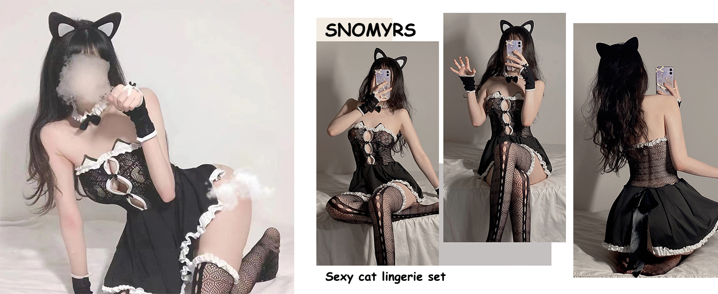 Костюм горничної SNOMYRS: сет сексуальної котячої нижньої білизни, аніме косплей, мереживна сукня Лоліти, сором'язливий стиль, комплект з носками та котячими вушками