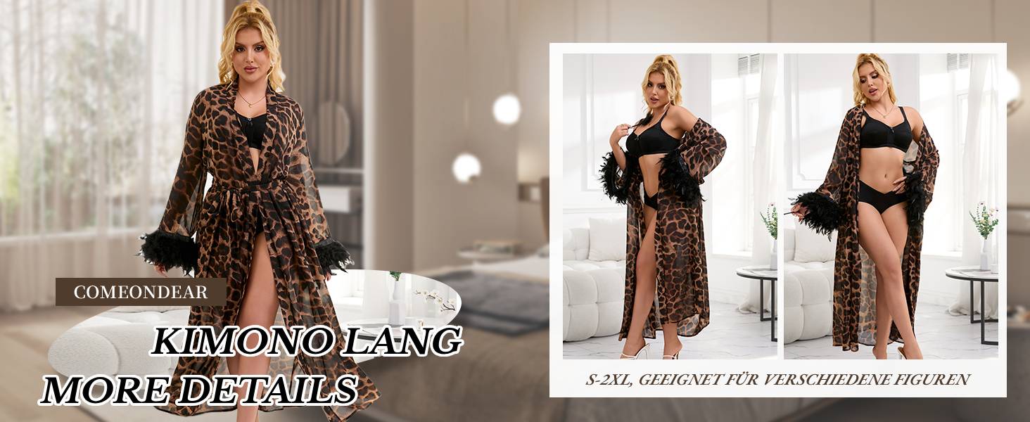 Халат жіночий сексуальний з леопардовим принтом, з пір'ям та мереживом, довгий, великі розміри, для дому, нічна сорочка, бандаж, нічна сукня, халат з поясом, XXL