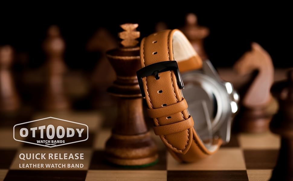 Шкіряний ремінець для годинника та смарт-годинника OTTOODY, 20мм, каштановий коричневий (чорна застібка), заміна з системою швидкого вищолу