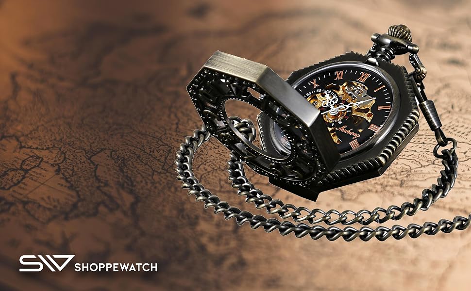 Чоловічий кишеньковий годинник ShoppeWatch з ланцюжком, механічний з ручним заводом, вінтажний стиль стімпанк (бронза), аксесуар для костюма 1920-х років