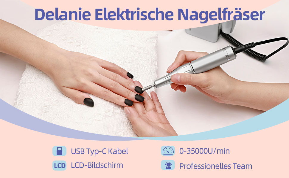 Акумуляторний апарат для манікюру та педикюру Delanie, електрична пілка для нігтів 35000 об/хв, набір для зняття гель-лаку та акригелю з LED-дисплеєм та USB-зарядкою, сріблястий
