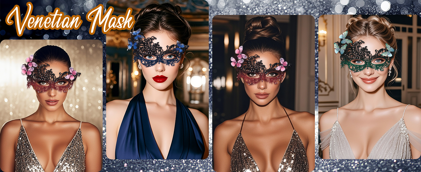 Набір з 3 шт. Венеціанська маска з мереживом та метеликами, оздоблена стразами. Ідеально для карнавалу, Хелловіну, вечірки, маскараду. Стиль 1920-х, вінтаж, для жінок.
