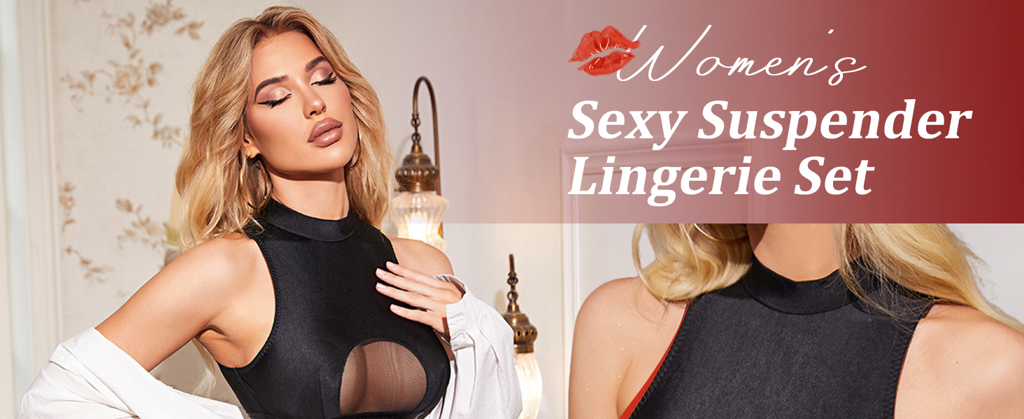YOMORIO Комплект сексуальної білизни для жінок: боді, нічна сорочка, стрінги, чорний