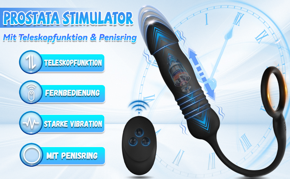 Масажер простати для чоловіків ChicLSQ з кільцем на пеніс, пультом керування та телескопічним вібратором. 3 режими вібрації + 3 режими ковзання. Інтимна іграшка для чоловіків