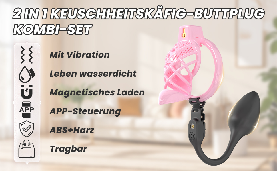 Набір для БДСМ: клітка для статевих органів, вібратор, 6 кільця для пеніса, керування через додаток, для чоловіків та пар (рожевий)