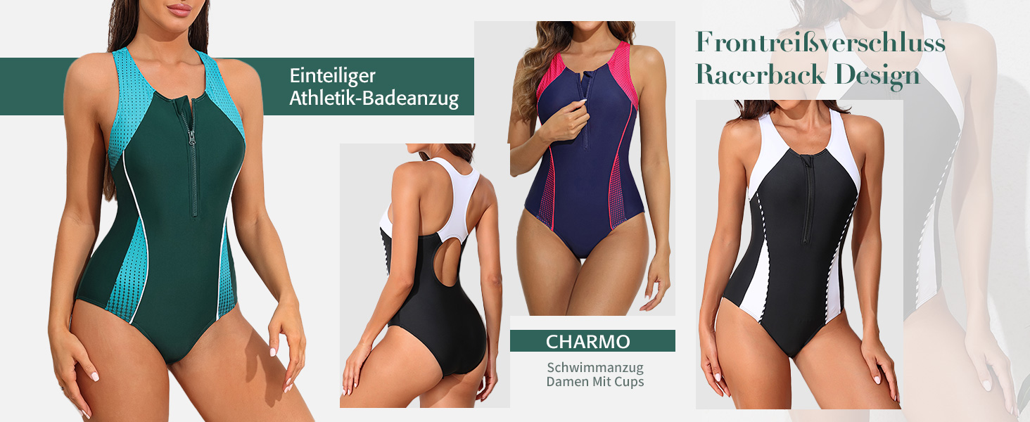 Чармо жіночий купальник для спорту з животом, цілісний з блискавкою спереду, купальник з чашками, чорний/білий, XL