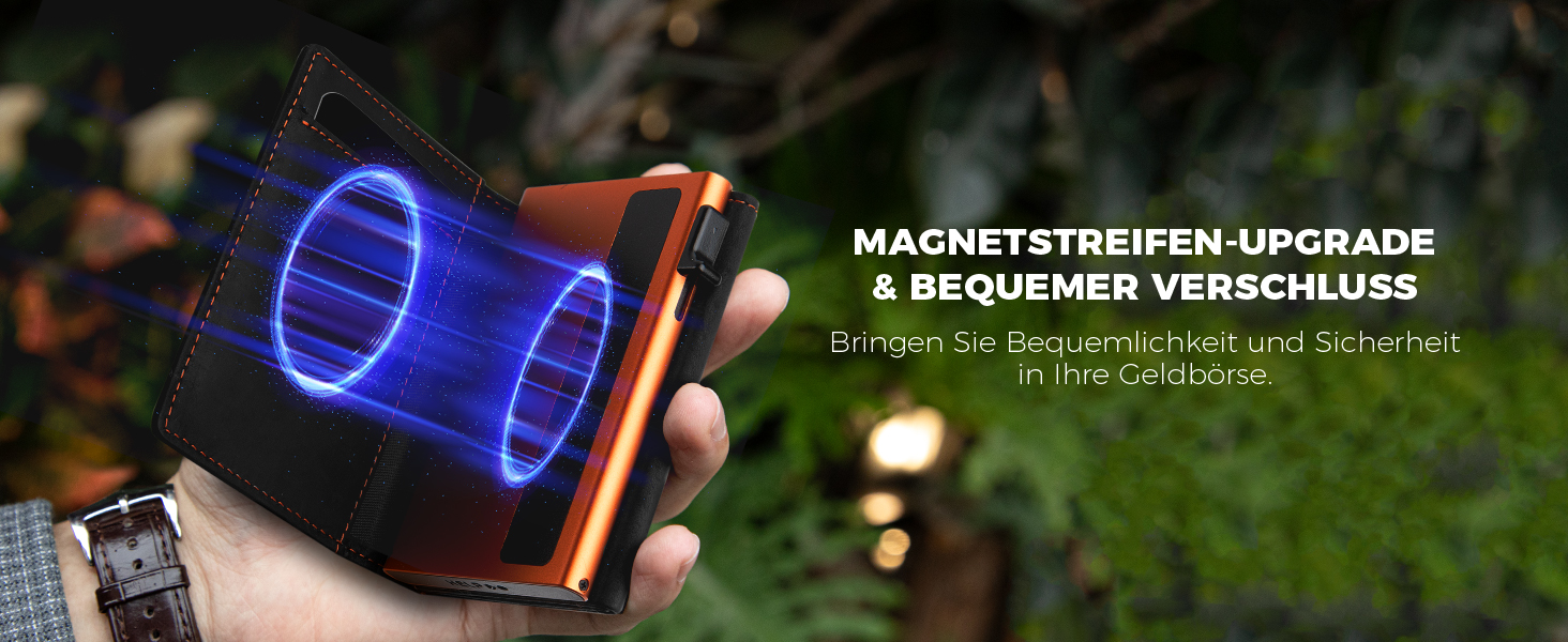 Чоловічий смарт-гаманець DODENSHA MagSnap для AirTag з RFID захистом, відділенням для монет та картхолдером на 10+ карток, чорно-помаранчевий