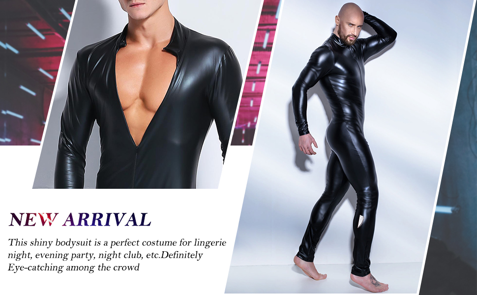 Боді з екошкіри для чоловіків Maeau, блискучий catsuit, леотард, комбінезон, клубний одяг, костюм, шкіряні шорти, мокра шкіра, жилет, для Хелловіну, косплей, чорний, розмір 3, 38