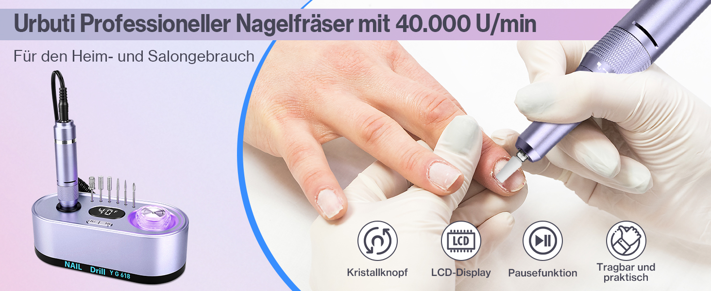 Професійний електричний апарат для манікюру та педикюру, 40000 об/хв, LCD-дисплей, портативний набір з підсвіткою та сенсорним керуванням (світло-фіолетовий)