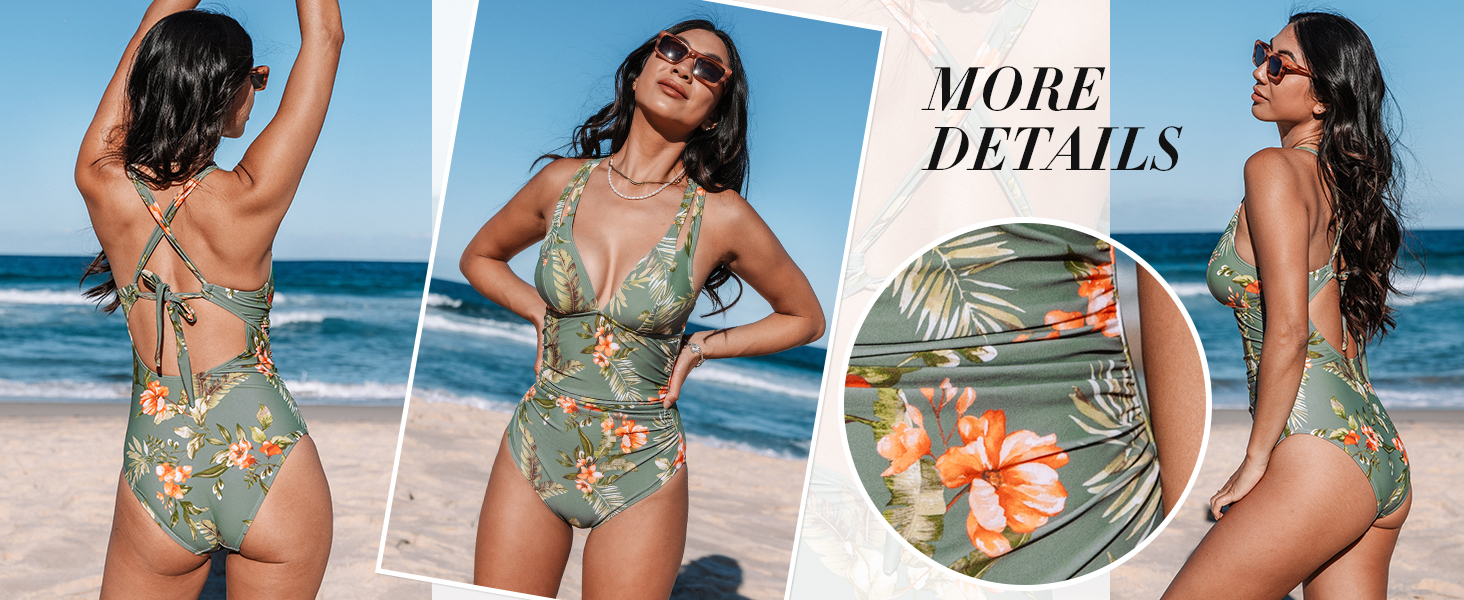 Купальник CUPSHE з V-подібним вирізом, корегуючими складками та глибоким вирізом на спині, одноцільний, оливковий/тропічний, для жінок