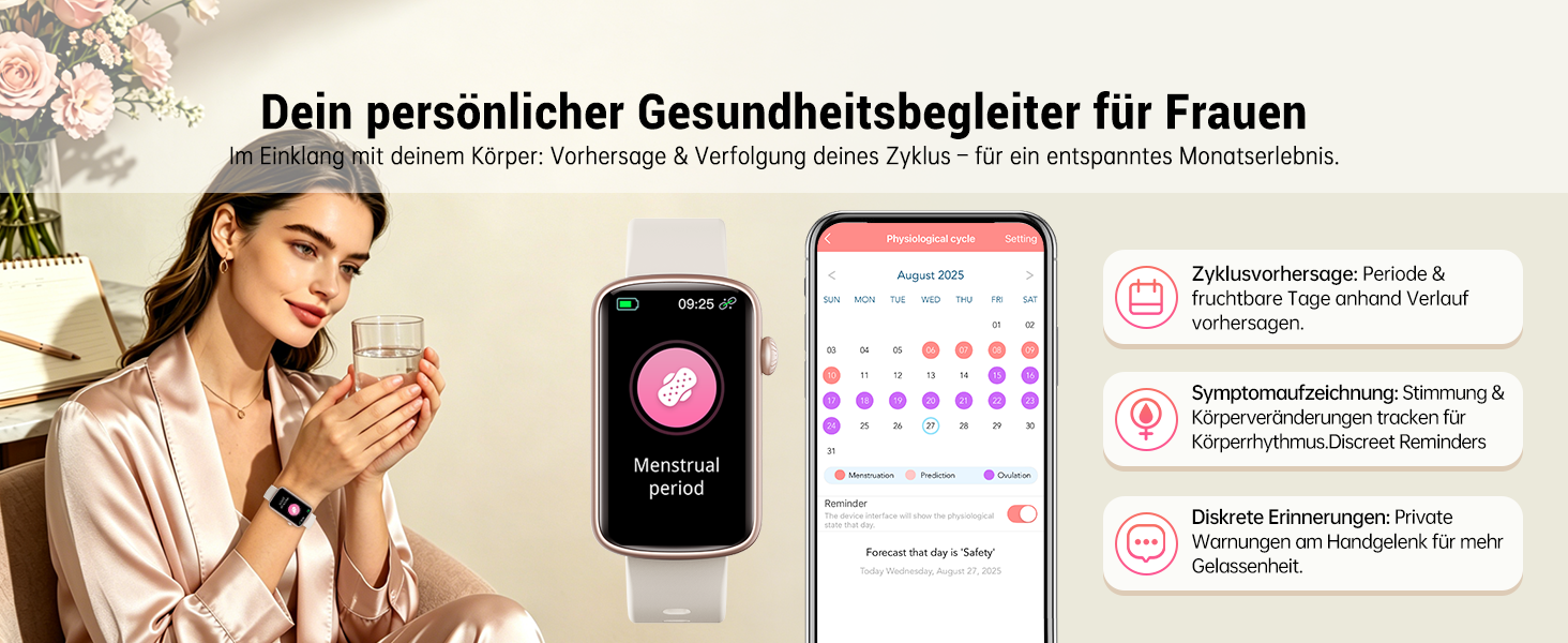 Смарт-годинник для жінок 1.47'' Fitness Tracker: моніторинг пульсу, SpO2, сну, крокомір, відстеження менструального циклу, сповіщення дзвінків та WhatsApp, сумісний з Android та iOS, чорний