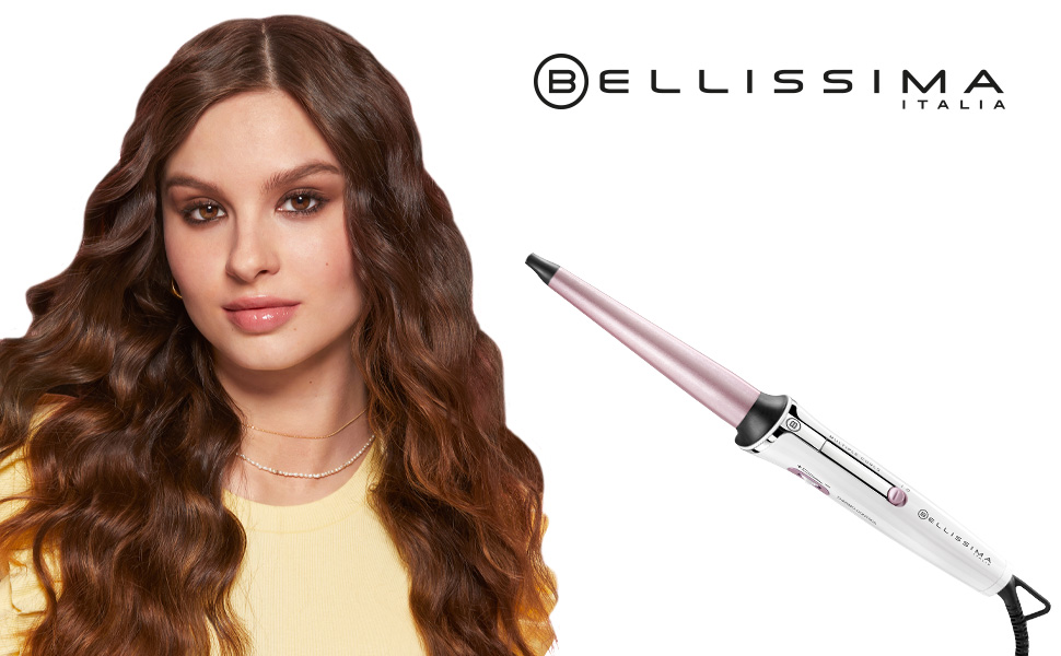 Конічний плойка для волосся Bellissima Iconic Curls з керамічним покриттям, діаметр 13-25 мм, регулювання температури 150-210°C, біла