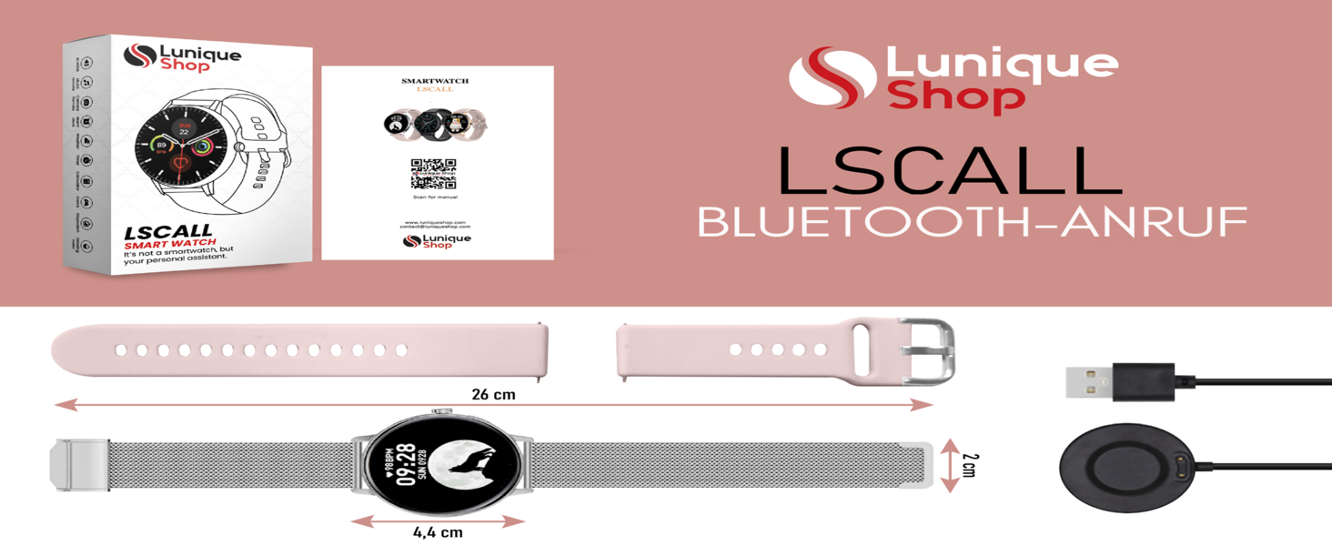 Смарт-годинник LSCALL для жінок з функцією дзвінків, голосовим помічником, вимірюванням SpO2 та тиском, 1.7'' дисплей, 2 ремінці, сріблясто-рожевий (iOS, Android)