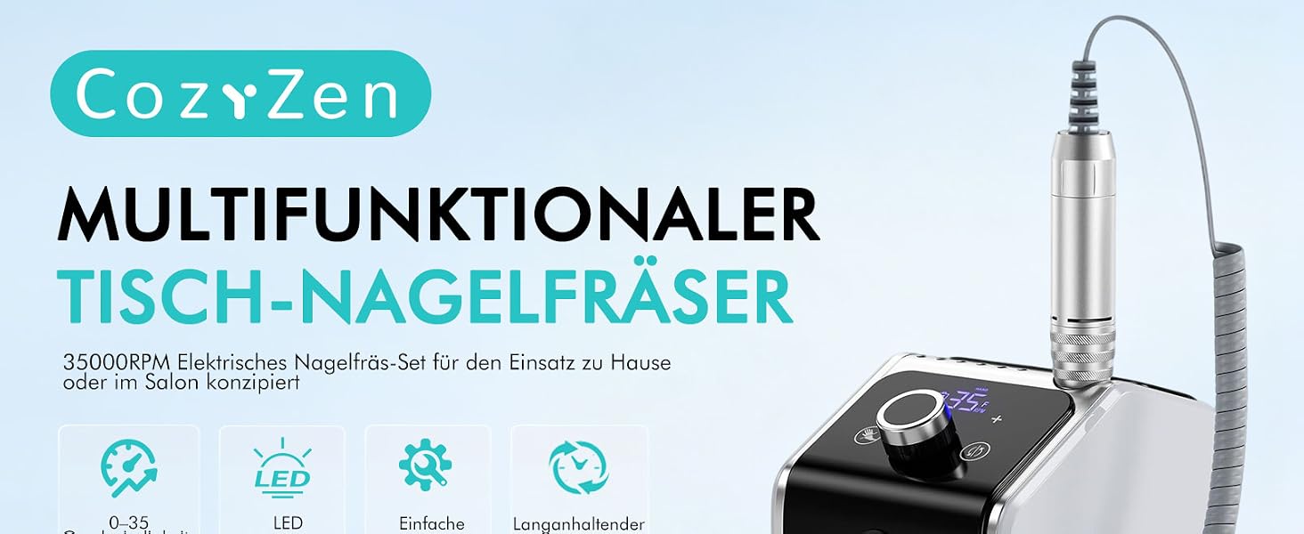 Професійний електричний апарат для манікюру та педикюру CozyZen 35 000 об/хв з LCD-дисплеєм, ручною та ножною педаллю, для акрилу, гелю та натуральних нігтів (Білий)