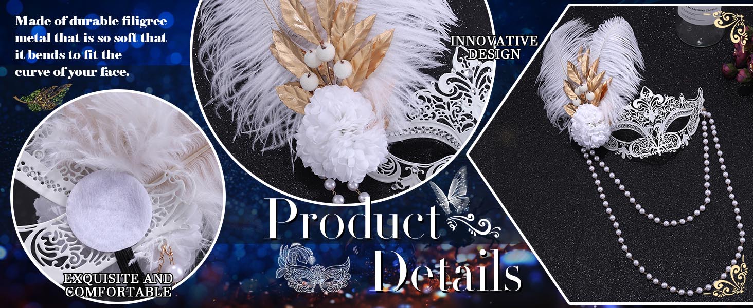 Маска для жінок IYOU, біла, з пір'ям та перловим намистом, для карнавалу, вечірки, балу