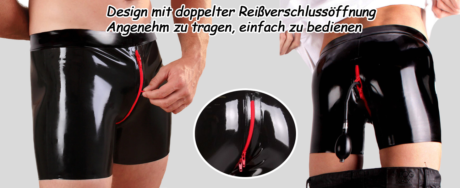 Чоловіча спідня білизна MFMYEE: чорні шорти-сліпи з латексу, ручної роботи, з блискавкою. Екзотичний фетиш-стиль.