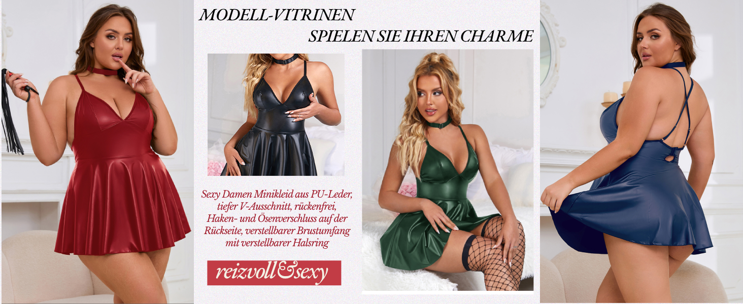 Шкіряне плаття-бабідол для жінок, Sexy Look, великі розміри, PU шкіра/Wetlook лак, міні-плаття, V-подібний виріз, A-силует, клубний стиль, чорний колір