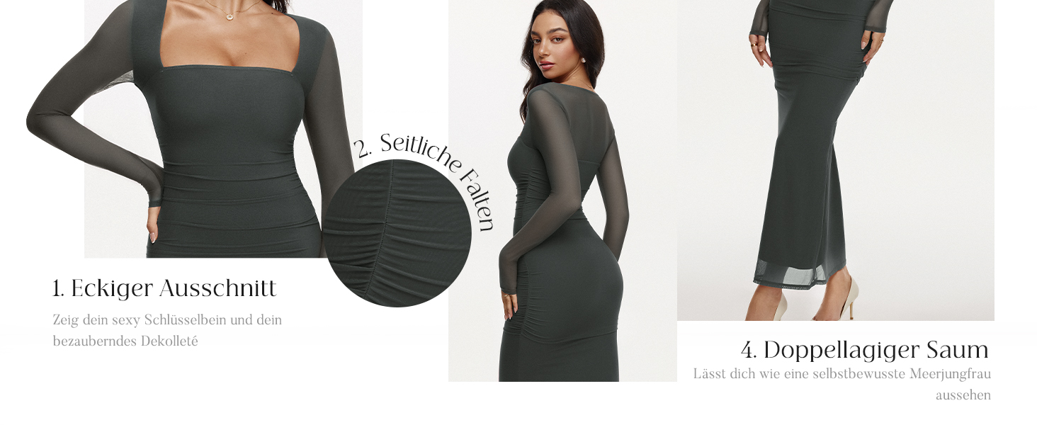 REORIA Максі-сукня для гостей на весілля: довга, з довгими рукавами, прозора сітка, квадратний виріз, обтягуюча, біла, XS