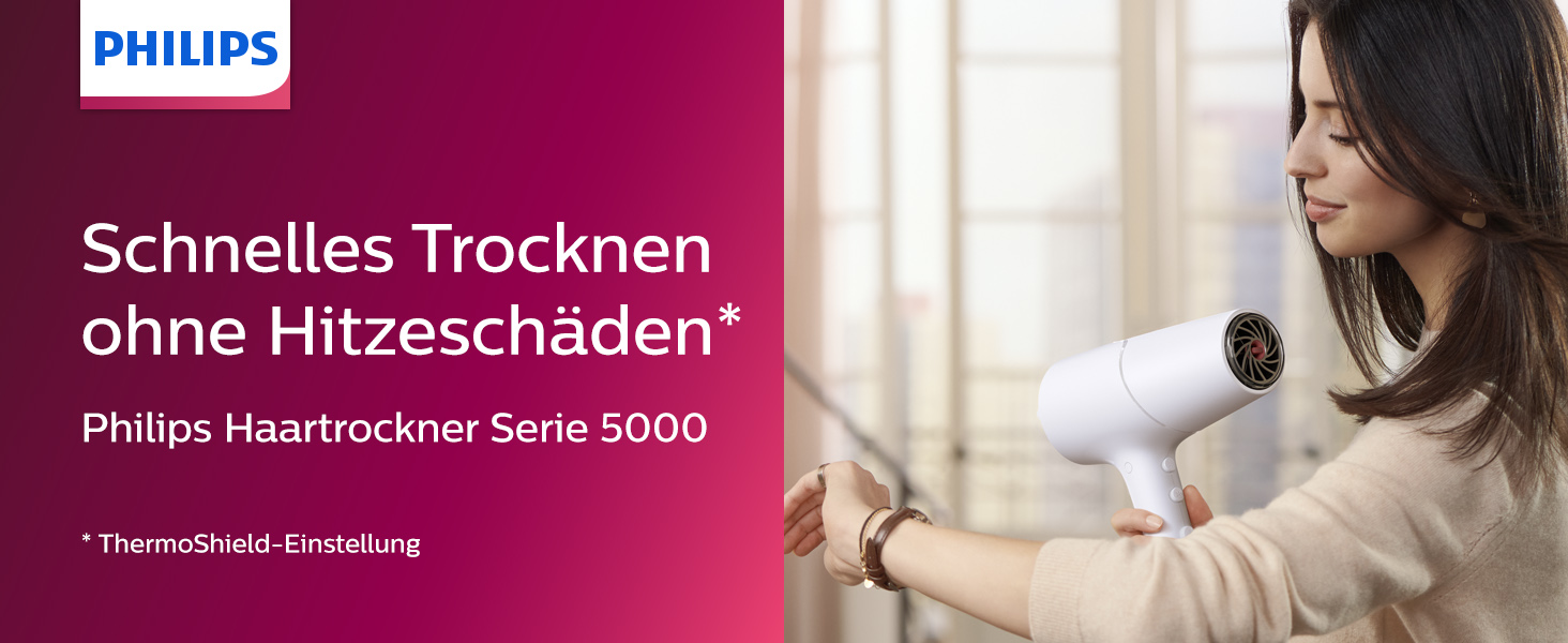 Фен для волосся Philips 5000 Series BHD500/00 з технологією ThermoShield, іонізацією, 2100 Вт, білий, з вузьким соплом та дифузором для об'єму